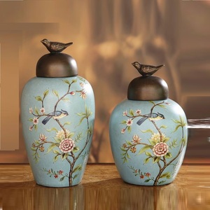 Gift Use Hand Painted Design Metal Storage <b>Jar</b> Set With Bird Lid Floral Design Ginger <b>Jars</b> for Table Decor For Elegant Showpiece - Product Image 1