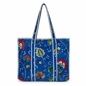 Blue Quilted Velvet Reversible Fashion Vintage Bohemian Shoulder Tote Canvas Lining Zipper Closure Lightweight <b>Extra</b> <b>Large</b> - Product Image 1