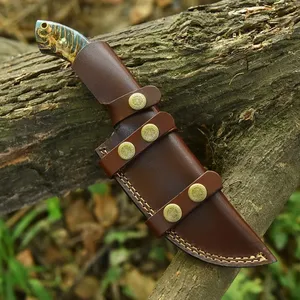 Couteau de chasse Tracker à lame fixe en acier Damas, pointe droite, manche en forme de cône de pin, incrustation en résine turquoise, étui en cuir, ODM - Product Image 5