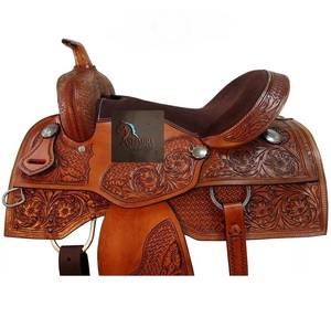 Western Tan Leather Floral And <b>Basket</b> Hand Tooled Barrel Racing Horse Saddle Metal Conchos Brown Suede Seat With Tack Set - Product Image 4