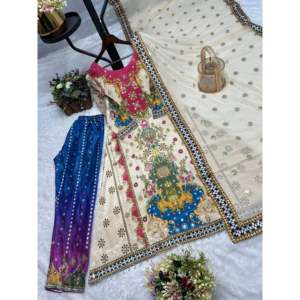 Real Mirror Hand Work Party Jumpsuit Top-Bottom y Dupatta Ropa de fiesta elegante - Product Image 1
