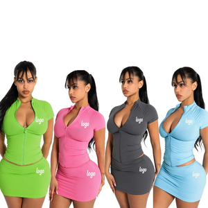 Women's Pink Zip-Up Crop Top High Waist Mini Skirt <b>Set</b> Sleeveless Casual Regular Fit Two Piece Outfit Polyester/Cotton Spring - Product Image 3