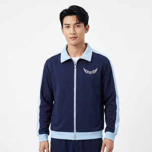 Chaqueta Azul Marino para Hombre con Ribete Azul Claro, Logotipo de Alas Bordado, Cierre de Cremallera, Ropa Deportiva Informal para Otoño - Product Image 3