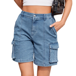 High Waist Denim <b>Cargo</b> <b>Shorts</b> with Side Pockets Button Fly Casual Style for <b>Women</b> - Product Image 5