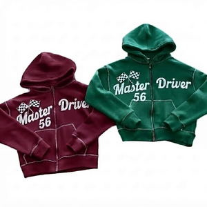 Men Zip Hoodie Vintage Racing <b>Jacket</b> Oversized Streetwear Green Cartoon Embroidered Heavyweight <b>Fleece</b> Full Zip Sweatshirt 100% - Product Image 6