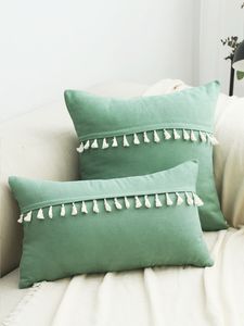 Light Green Fabric <b>Throw</b> Pillow Cover With <b>White</b> Tassels Simple Style Eco-Friendly Decorative Cushion Cover Case Home Textile - Product Image 3