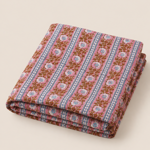 Sky Blue Pink Floral Hand Block Printed Cotton Fabric <b>Set</b> With Botanical Motif Stripe Design For Dress Kurta <b>Sewing</b> Home Textile - Product Image 1
