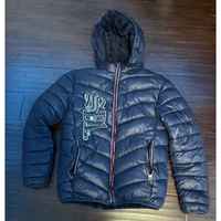 Veste matelassée à capuche bleu marine pour homme, logo en lettres, fermeture éclair, séchage rapide, coupe-vent, rembourrage en polyester, vêtements décontractés d'hiver