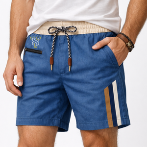 Shorts de baño azules para hombre, cintura media, con cordón ajustable, cintura elástica, franja lateral, tela transpirable informal. - Product Image 1
