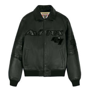 Avirex Custom Men's Premium Black Genuine Leather Bomber <b>Jacket</b> Luxury Streetwear Varsity <b>Jacket</b> OEM ODM Wholesale Manufacturer - Product Image 1