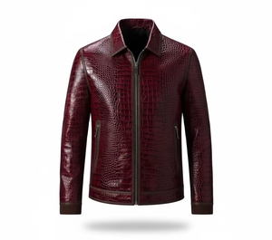 Veste en cuir pour homme, rouge, effet croco, style motard, fermeture éclair sur le devant, col rabattu, mode automne - Product Image 6