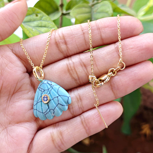 Azure bloom turquoise shell carving <b>with</b> white cubic zirconia bezel setting pendant necklace 18k gold plated <b>cable</b> chain jewelry - Product Image 3