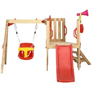 Set Altalena in Legno per Bambini da Esterno con Funzioni 4-in-1: Scivolo, Tromba e Volante - Product Image 1
