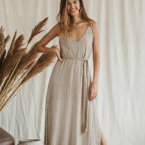 Vestido Maxi Boho Beige para Mujer, Vestido Halter de Verano, Vestido con Flecos de Algodón Crudo Ecológico, Vestido Maxi Romántico para Festival - Product Image 3