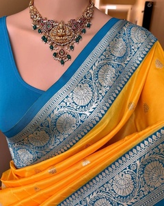 <b>Yellow</b> Banarasi Silk <b>Saree</b> With Blue Zari Border And Blouse For Women Traditional Indian Wedding Wear - Product Image 2
