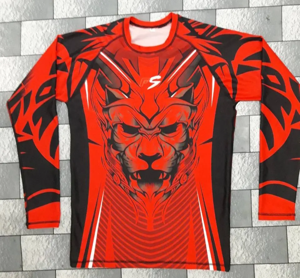 Kemeja Gym kompresi lengan panjang berselancar Logo kustom UV BJJ Rashguard MMA sublimasi pelindung ruam pria sublimasi DHL FEDEX OEM