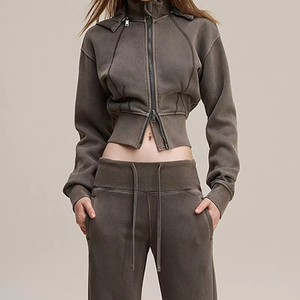 Women's <b>Cropped</b> Hoodie <b>Zip</b>-<b>Up</b> Long Sleeve Solid Color Knitted Spandex Cotton Breathable Quick Dry Casual Autumn Wear - Product Image 2