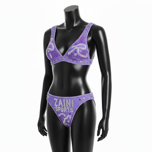 Premium Poly Spandex Women <b>Bikini</b> Set Soft Stretch Purple Panel Design <b>Rhinestone</b> Heat Transfer Logo women for <b>Bikini</b> Set - Product Image 4