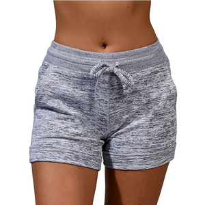 Shorts tricotés à taille haute avec cordon de serrage et poches pour femmes, vêtements de sport décontractés et respirants, gris chiné - Product Image 1