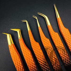 แหนบต่อขนตาทำจากสเตนเลสสีส้มแบบทนทานแหนบโค้งตรงปลายสีทอง - Product Image 2