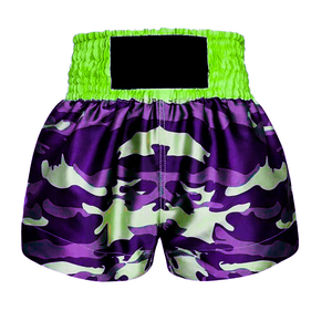 Shorts de boxe Muay Thai personnalisés, camouflage violet et vert, respirants, séchage rapide, polyester/coton, unisexe adulte, service OEM - Product Image 2