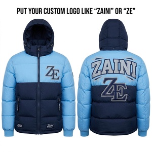 Premium Puffer Jacket Cotton Shell 500g Padded Quilted Light Blue Navy Colorblock Design Stand Collar <b>Long</b> Winter <b>Coat</b> Style - Product Image 1