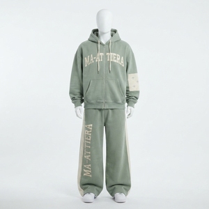 Custom Sage Green <b>Oversized</b> Zip Up Hoodie and Wide Leg <b>Sweatpants</b> Two Piece Tracksuit Set - Product Image 3