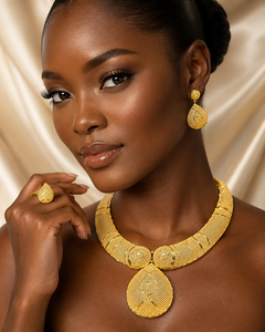 Nigerian Designer Gold Plated Bridal Jewelry Set with Teardrop Pendant Box Chain <b>Charm</b> Necklace Set - Product Image 3