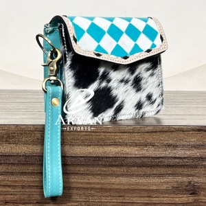 Western Handcrafted Genuine Cowhide Leather Coin Purse Turquoise & White Checkered Pattern Hair-on Leather Perfect for Women's - Product Image 1