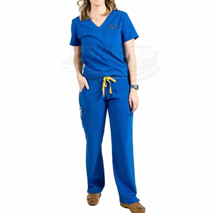 Women Scrub <b>Tops</b> Short Sleeve With Pocket <b>Maroon</b> Cotton Polyester Hospital Uniforms OEM Service - Product Image 5