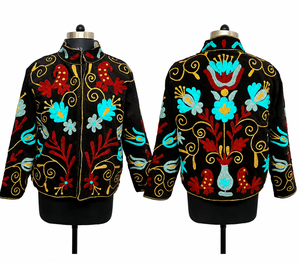 เสื้อเบลเซอร์กำมะหยี่ปักมือ คอจีน แขนยาว ปิดซิป ลายดอกไม้ สีดำ สไตล์ฤดูหนาว - Product Image 5