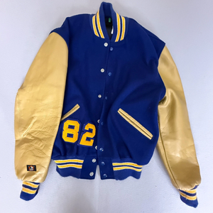 Casual Sports Varsity <b>Jacket</b> Delong Sportswear Varsity Letterman <b>Jacket</b> Blue Tan Sleeves Chenille 82 - Product Image 1