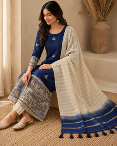 Unstitched Hand Embroidered Jamdani Cotton <b>Kurta</b> Set in Royal Blue <b>for</b> <b>Women</b> Available at wholesale Price - Product Image 2