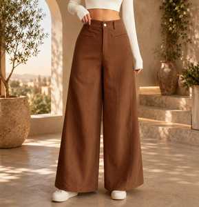Women's High Waist Wide Leg Corduroy Pants Solid Color Loose Fit Full Length Casual Autumn Style Button Fly Flat Front - Product Image 6