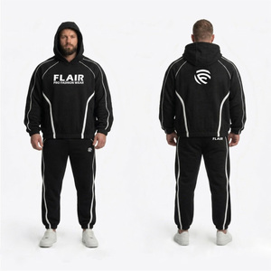 Men’s Black Fleece Tracksuit Custom Logo Hoodie Jogger <b>Set</b> Contrast Stripe Streetwear Two <b>Piece</b> <b>Set</b> - Product Image 1