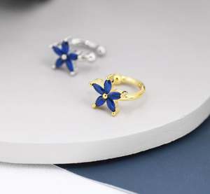 Manchette d'oreille Fleur en Zircon Cubique Bleu Saphir en Argent Sterling, Argent ou Or, Simple, Sans Perçage, Minimaliste - Product Image 3