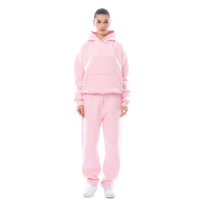 Chándal Unisex Rosa con Capucha, Largo, Color Sólido, Algodón, Ropa Casual, Corte Holgado, Bolsillos Laterales, Cintura Elástica, Estilo Otoñal - Product Image 3