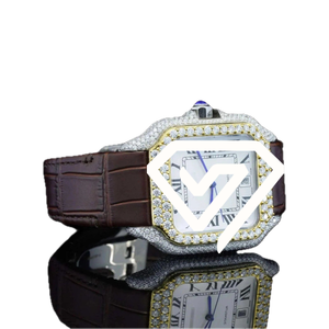 Montre carrée pour homme, aspect diamant moissanite, chiffres romains, cadran blanc, bracelet en cuir marron, montre automatique de luxe - Product Image 4
