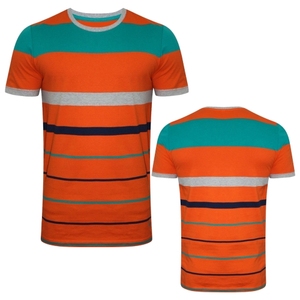 T-shirt décontracté à manches courtes pour homme, col rond, rayures orange, coupe classique, design color block, tricoté - Product Image 1