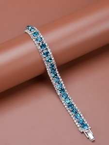 Bracelet tennis de luxe en moissanite couleur saphir bleu pour femme – Bracelet halo de diamants – Bijoux de mariage scintillants à taille ronde - Product Image 1
