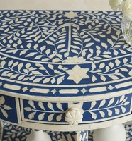 Table console ovale en bois avec incrustations d'os et d'agate, table d'appoint pour entrée ou salon