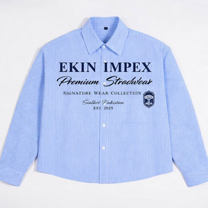 Camisa de Vestir Personalizada de Estilo Urbano con Botones Azules y Blancos, Ropa Masculina a Rayas, Corte Cuadrado, Manga Larga - Product Image 1