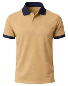 Polo de Algodón para Hombre Color Caqui Personalizado con Cuello y Ribete de Manga en Contraste Azul Marino, Corte Clásico, Casual, Verano, Suministro al por Mayor OEM - Product Image 1