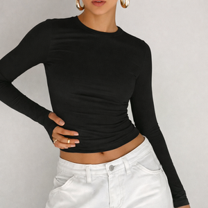 Camiseta de manga larga con cuello redondo para mujer, diseño plisado, corte ajustado, con hombros descubiertos, novedad de verano - Product Image 4