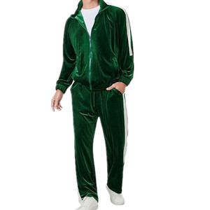 Chándal de terciopelo verde para hombre, con cremallera de manga larga, informal, para correr, de color sólido, con bolsillos laterales, para otoño - Product Image 1