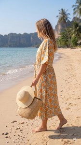 Elegante Vestido Kaftán de Algodón con Estampado Floral Naranja, Cintura Ajustable, Estilo Bohemio, Casual, para Vacaciones de Verano - Product Image 2
