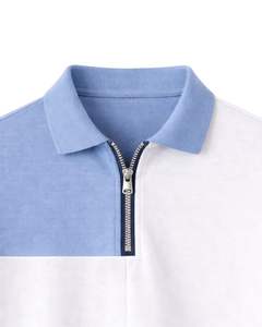 Polo Homme Demi-Zip Manches Courtes Color Block Bleu Ciel Blanc Beige Marine – Fabricant Personnalisé OEM - Product Image 6