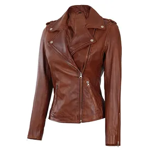 Blouson de motard en cuir véritable marron pour femme avec fermeture éclair, veste d'extérieur coupe-vent pour l'hiver, manteau de mode, vestes en cuir pour femme - Product Image 1