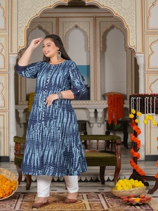 Women's Plus Size Cotton Anarkali Kurti Blue Tie And <b>Dye</b> Printed Round Neck Three Quarter Sleeves Comfortable Wear - Product Image 3