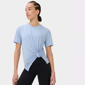 T-shirt bleu clair à col rond et manches courtes, 100 % polyester, séchage rapide, tricoté, décontracté, printemps-été, coupe classique - Product Image 3